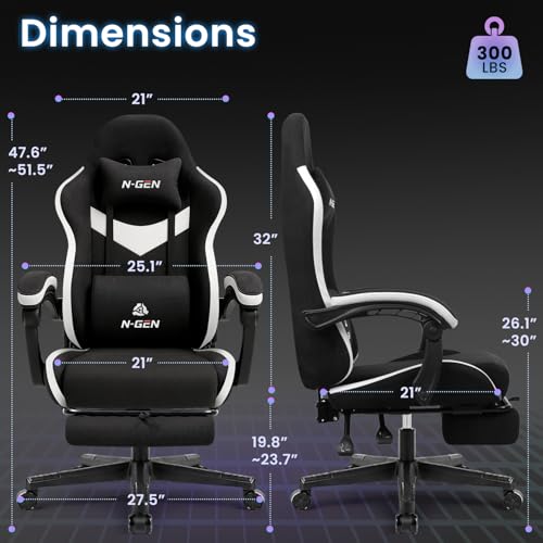 N-GEN GAMING Video Gaming Chair Office Computer Desk Use Ergonomic Reclining Backrest Adjustable Armrests Lumbar Support Footrest High Density Foam Breathable Fabric Heavy Duty Base (Black) - Image 4