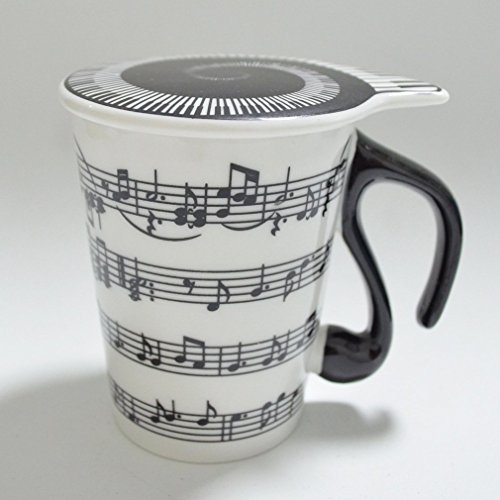 Taza de cerámica de Eshowy con tapa, con diseño de notas musicales (2 piezas)