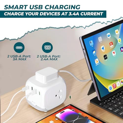 Image of Embox 20W Extension Board 5 Meter Cable | 2500W Extension Cord with 4 Universal Sockets & 6 USB Ports(3 Type A+3 Type C)| Extension Board with USB Surge Protector Safety Shutter LED Indicator
