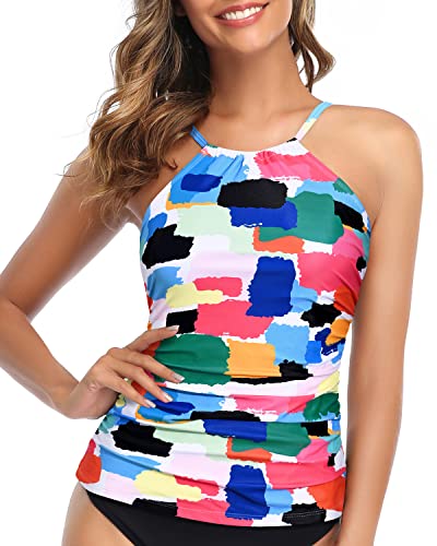 Tempt Me Women Color Block Tankini Top High Neck Bathing Suit Top Tummy Control Swimsuit Top Ruched Swim Top M