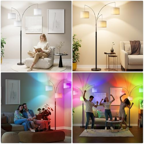 Floor Lamp with RGBW Light, 3-Light Arc Floor Lamps for Living Room, Modern Tall Standing Lamp with Adjustable Heads, Mid Century Corner Lamp with Remote for Bedroom, Office & Corner, Bulbs Included by PARTPHONER - Used condition - Image 9
