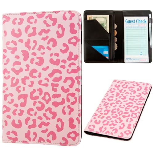 Server Book, Server Books for Waitress, Leather Server Book with Zipper Pocket, Cute Server Book, Waitress Book Fit Server Apron (Pink Leopard)