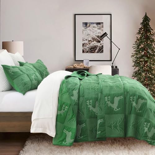 Image of Grassix Christmas Quilt Set King Size, Holiday Bedding Coverlet, Green | Tree & Reindeer Pattern, Soft Lightweight Christmas Velvet Bedspread with 2 Shams,Thin Comforter All-Season, 108 x 96 in