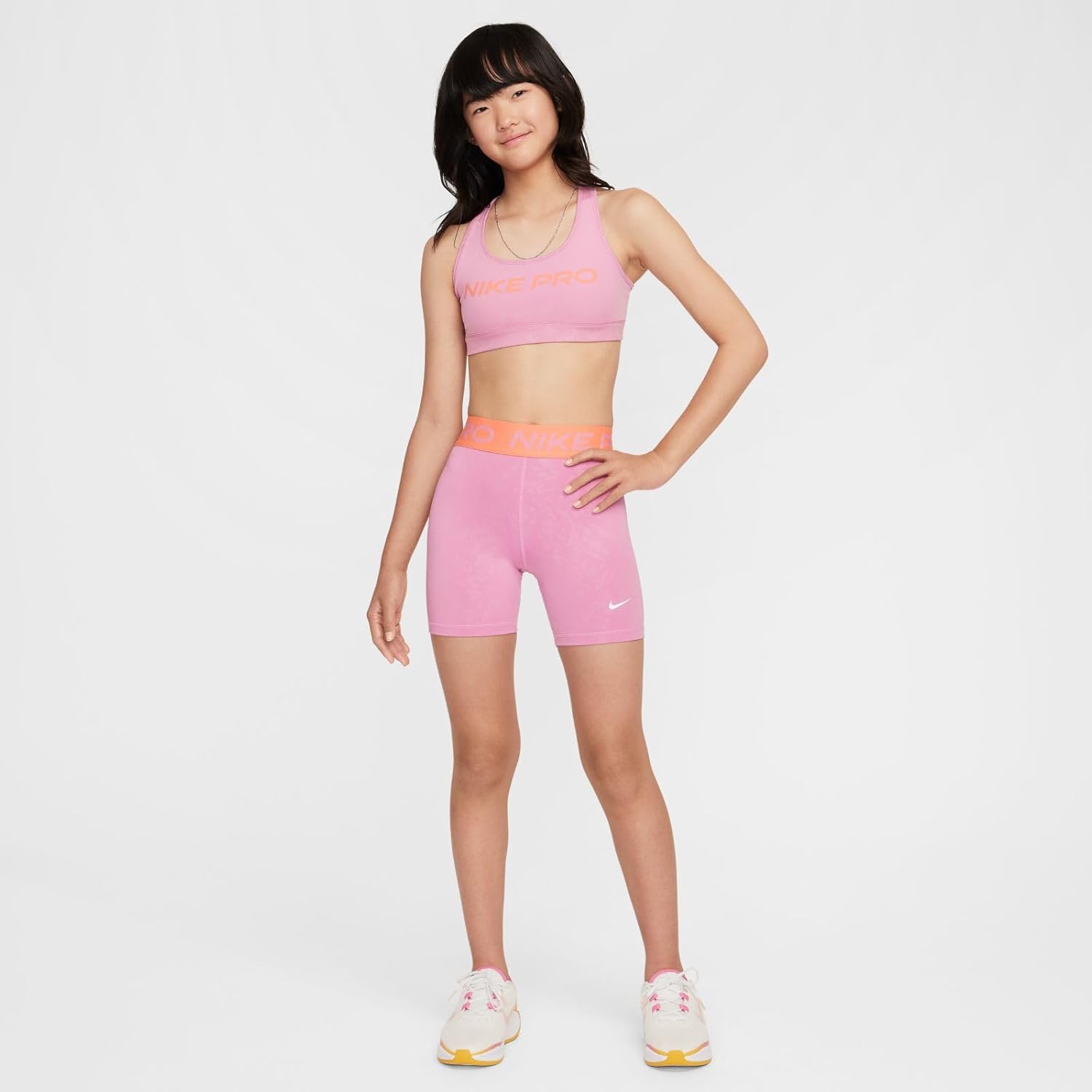 Nike Pro Girls' Dri-FIT 3" Shorts (Magic Flamingo/Light Wild Mango/White)