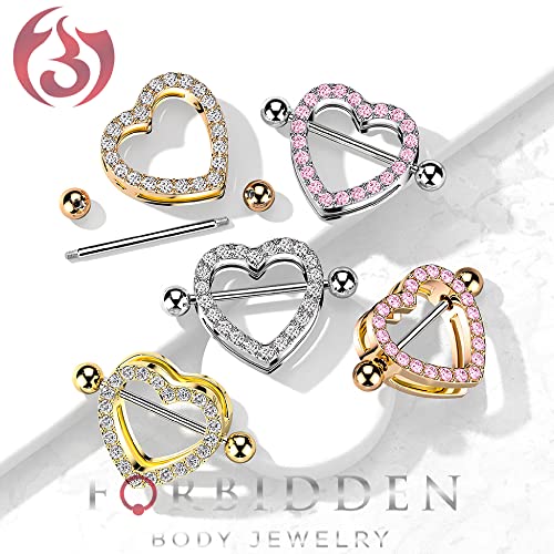 Forbidden Body Jewelry Surgical Steel Cz Crystal Heart Nipple Shield Barbells (Rose Gold Tone/Pink) #TOP2
