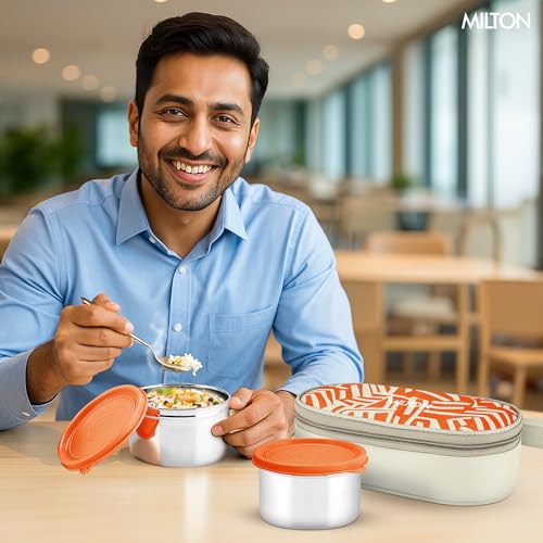 Image of MILTON Plato Pack Big Stainless Steel Lunch Box (2 X 500 ml containers) with Jacket | Leak Proof, Food Grade I Lightweight, Odour Proof | 1 Year Warranty I Ideal for Office, School, Travel, Orange