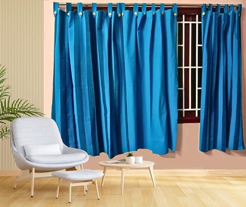 Image of 5 Feet Cotton Striped & Solid Light Filtering Button Type Tab Top Loop Window Semi Sheer Curtain, Blue Multi, Pack Of 3