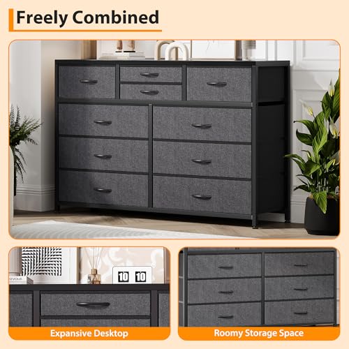 Jojoka Wide 10 Drawer Dresser,TV Stand Entertainment Center Fabric Storage Dressers Drawers for Bedroom, Hallway, Nursery, Closets, Steel Frame, Wood Top, Black_1