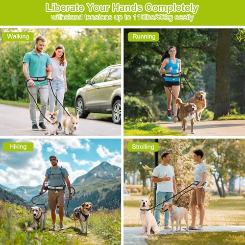 ETACCU Joggingleine für 2 Hunde, Freihändig Laufleine Bauchgurt Hundeleine zum Joggen Laufen Wandern mit Dual Griffe, Reflektierende Nähte, Laufgurt für Große Hunde bis 50kg, 124-180cm
