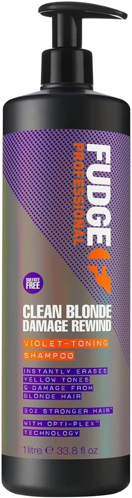 Fudge Professional Clean Blonde Damage Rewind Shampoo, Bulk Size, Intense Purple Toning for Blonde hair, Bond Repair Technology, Sulfate Free, 1 Litre