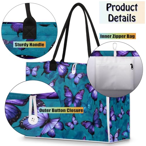 Purple Blue Butterflies Tote Bag for Women Large Beach Bag Reusable Tote Bags for Work Travel Beach Shopping4