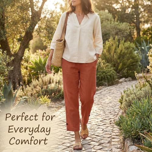 Image of Linen Pants Women 2026 Summer Beach Vacation Trousers Elastic Waist Linen Capris Pants Boho Casual Travel Pant