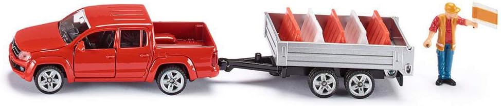 SIKU 3543, VW Amarok Pick-Up with Tipping Trailer, 1:55, Metal/Plastic, Red, Incl. Toy Figure and 5 Traffic barriers