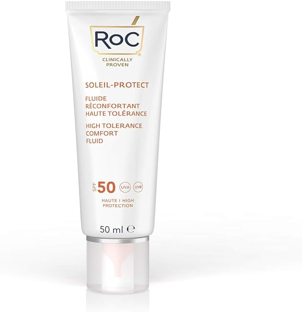 RoC - Soleil-Protect High Tolerance Comfort Fluid SPF 50 - UVA/B Protection - Face Moisturiser - Hypoallergenic Sunscreen - Sensitive Skin - 50 ml