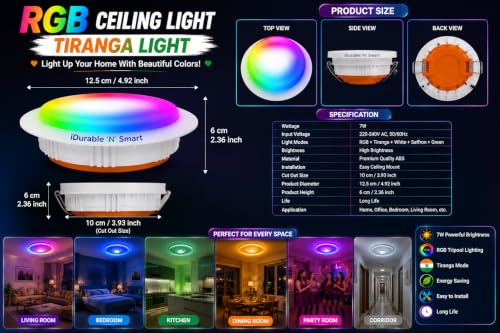 Image of iDurable 'N' Smart 7W Tiranga LED Ceiling Light | 3 in 1 RGB Tri-Color Glow Light | LED Downlight for Home, Bedroom, Living Room & Decoration | 220-240V AC Energy Saving Light Code-14