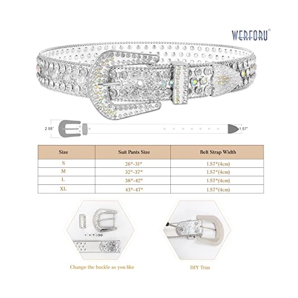 Women Men Western Rhinestone Studded Leather Belt Cowgirl Cowboy Bling Waist Belt for Jeans Dress, Silver,Fit Waist Size 33-37 Inches - Image 7