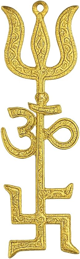 Salvus App Solutions Metal Om Trishul Swastik Trishakti Yantra Door/Wall Hanging For Home, Office & Shops (8 inch_Gold).