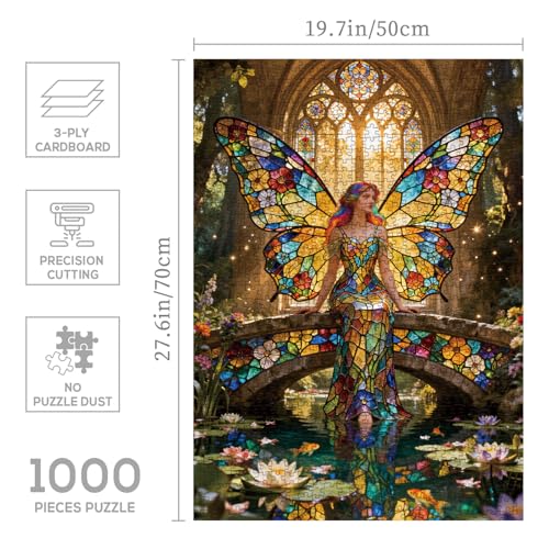 Rompecabezas de mosaico de vidrieras con hada, 1000 piezas para adultos, rompecabezas de rompecabezas fantásticos con alas coloridas, bosque de mariposas, ángel y arcoíris miniatura 3