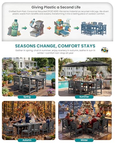 Image of SERWALL Patio Dining Sets for 6 Person, HDPE Dining Set with 6 Armless Chairs, Gray