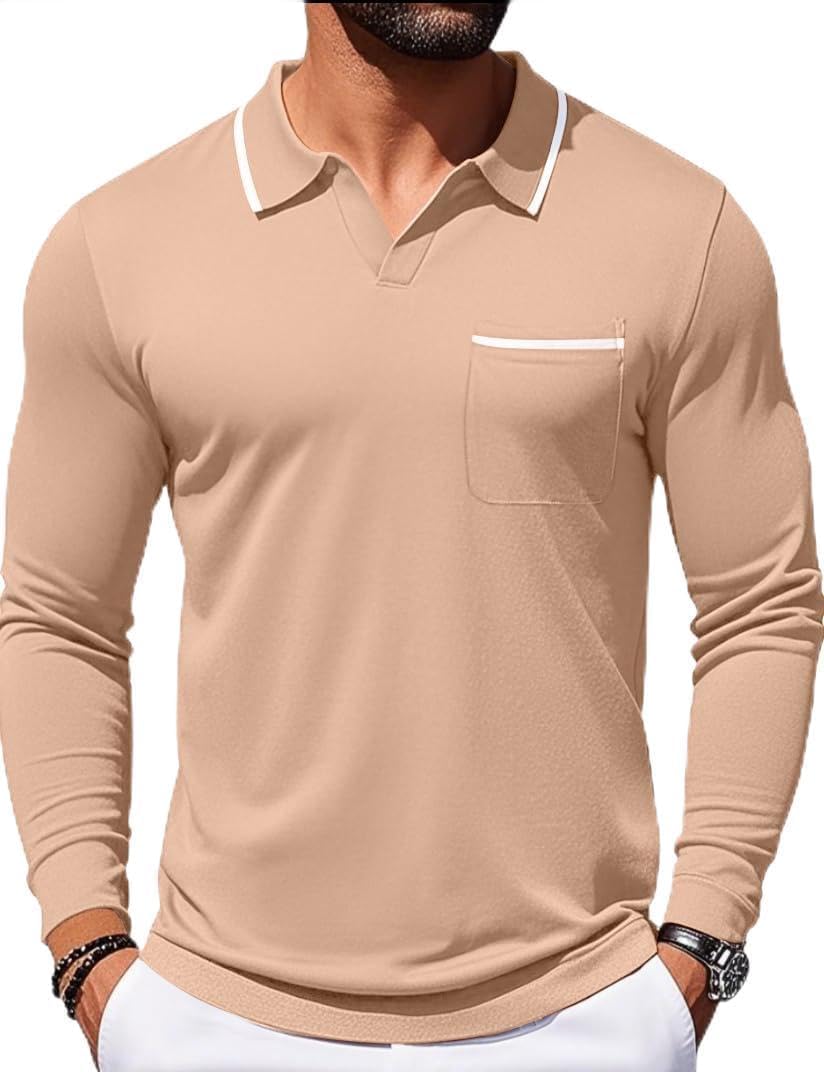 Aulemen Men's V-Neck Polo Shirts Long Sleeve Casual Collared T Shirts Fashion Golf T-Shirts with Pocket