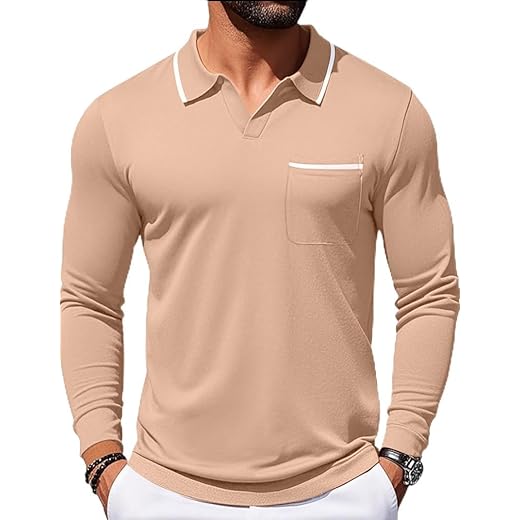 Aulemen Camisa polo masculina gola V manga longa casual gola V camisetas modernas de golfe com bolso
