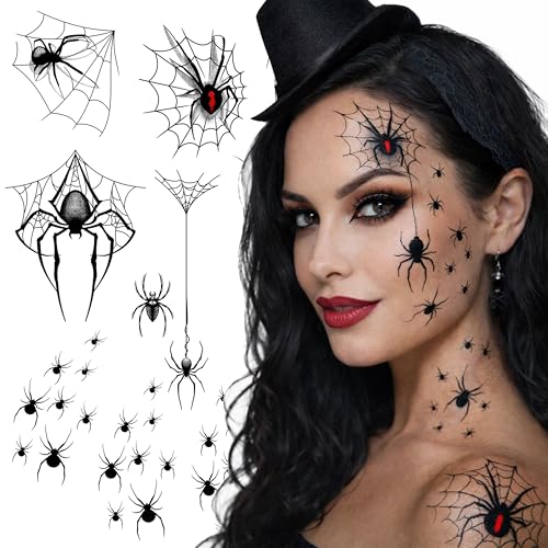 Spider Temporary Tattoos Paper Transfer Sticker - Halloween Spider Web Black Widow Witch Gothic Temporary Face Tattoos for Women Men Adults Kids Body Art Makeup Cosplay