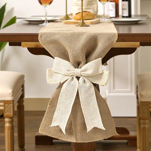 MelonBoat Linen Farmhouse Table Runner: 72 Inch Bohemian Burlap T...