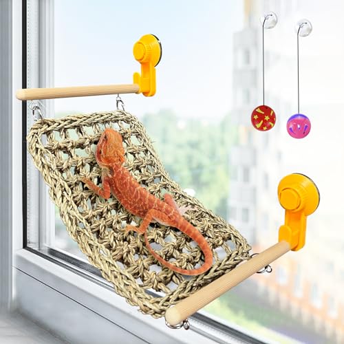 VCEPJH Bearded Dragon Hammock, Reptile Window Perch Natural Seagrass Gecko Climbing Tank Accessories Lizard Lounger Bed with Powerful Suction Cups Bearded Dragon Toys for Basking (11.81 * 7.08)