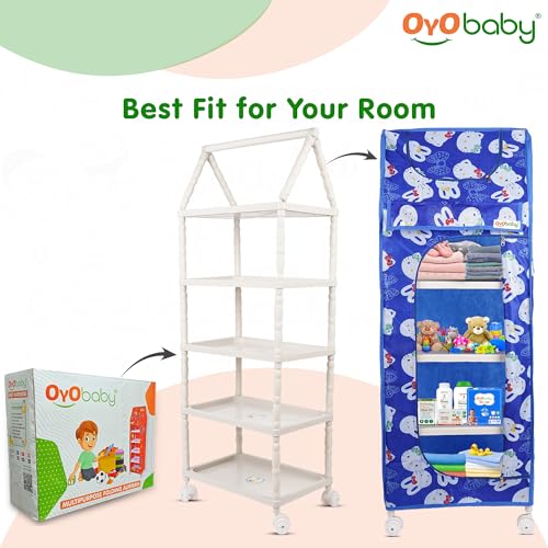 Image of OYO BABY Kids Wardrobe for Storage 5 Shelves | Heavy Duty Plastic Almirah for Baby Clothes, Toys & Books Rack | Compact Storage Organizer for Nursery /Bedroom [Cartoon Printed - Blue]