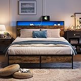 LINSY Full Bed Frame with Ergonomic Headboard, 14 inch Fast Assembly Metal Bed with Lights, Outlets & USB, Bed Frame Full Size with Storage, Noise Free, No Box Spring Needed, Rustic Brown