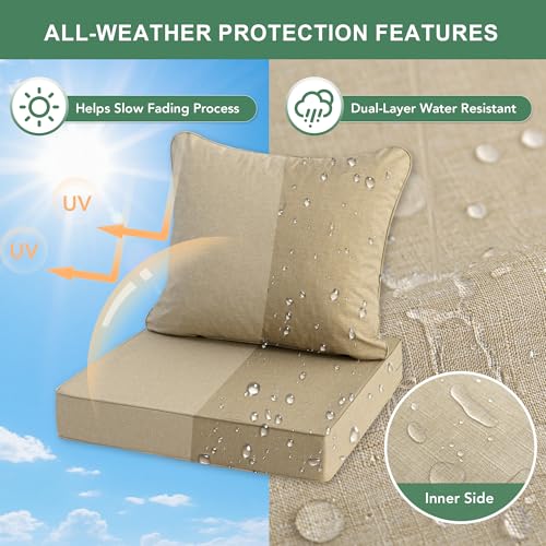 Image of Summsun Outdoor Chair Cushions 24 x 24 Inch, Faux Linen Patio Furniture Cushions, Water Resistant Backrest and Deep Seat Cushion Set with Ties, Removable Cover, Non-Slip Bottom, Nature