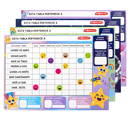 TABLAS DE RECOMPENSAS PARA NIÑOS STARPLAST - Incluye 16 láminas de pegatinas, 4 diseños diferentes de tabla recompensa y 16 hojas de tablas recompensa para usar con niños - Cool ✅