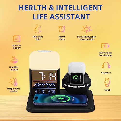 Image of Wireless Charging Station with Night Light,6 in 1 Wireless Charger with Alarm Clock Compatible for iPhone14 /13 /12 /11 /X /iWatch SE /8 /7 /6 /5 /4 /3 /2 /1 /AirPods 3 /2 /1 /Pro,Charging Dock for Multiple Devices