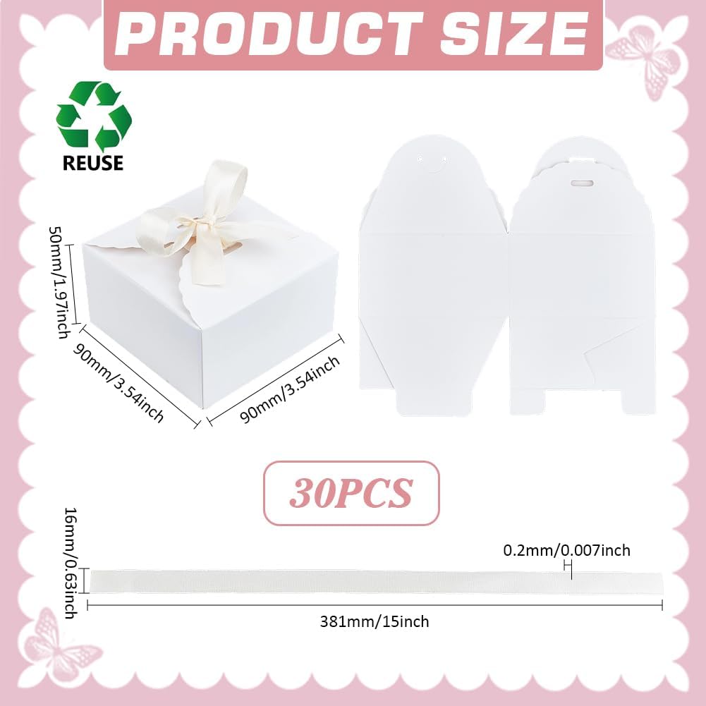 PH PandaHall 30pcs Gift Boxes White Paper Box Foldable Candy Box Small Party Favor Gift Packaging Boxes with Ribbon for Candy Cookie Cupcake Proposal Wedding Gifts, 3.5x3.5x2 inch - Image 2