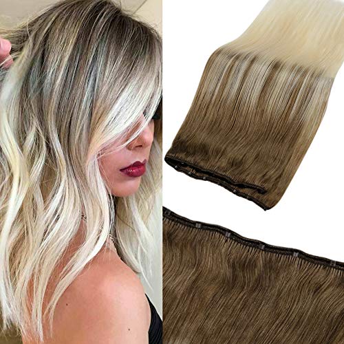 Micro Beaded Weft Bundles Hand Tied Human Hair EZE Hair Weft Double Weft Full Head Micro Rings Weft Bundles Balayage Ombre Light Brown to Light Blonde 50g/12inch width/20"