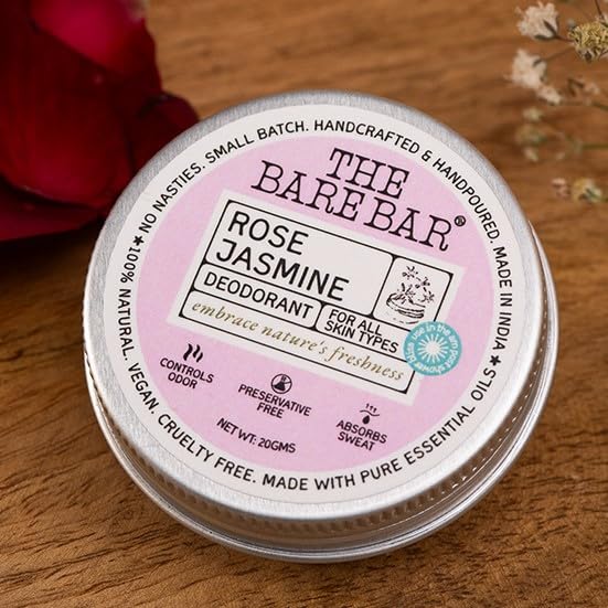 Image of The Bare Bar Rose Jasmine Deodorant - 20 gm | Floral Fragrance| Odor & Sweat Control | Natural formula and Chemical free| Good for all skin types | Travel Mini Size Solid Deodorant for Men & Women