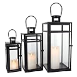 TRIROCKS Stainless Steel Lantern Set of 3 - Assorted Sizes (12/15/19 Inch) - Tall Metal Hanging Lanterns with Clear Glass Panels, Indoor & Outdoor Home Decor for Parties & Events - Black Finish