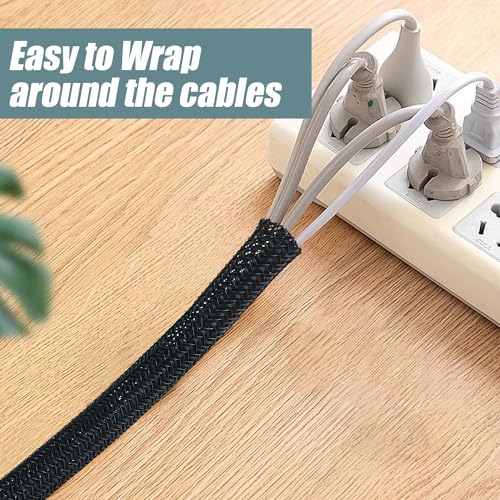 Socpuro 26ft - 1/2 inch Cord Protector, Wire Loom Tubing Cable Sleeve, Self-Wrapping Braided Split Sleeving for USB Charger Cable Audio Video Power Cord (Black)