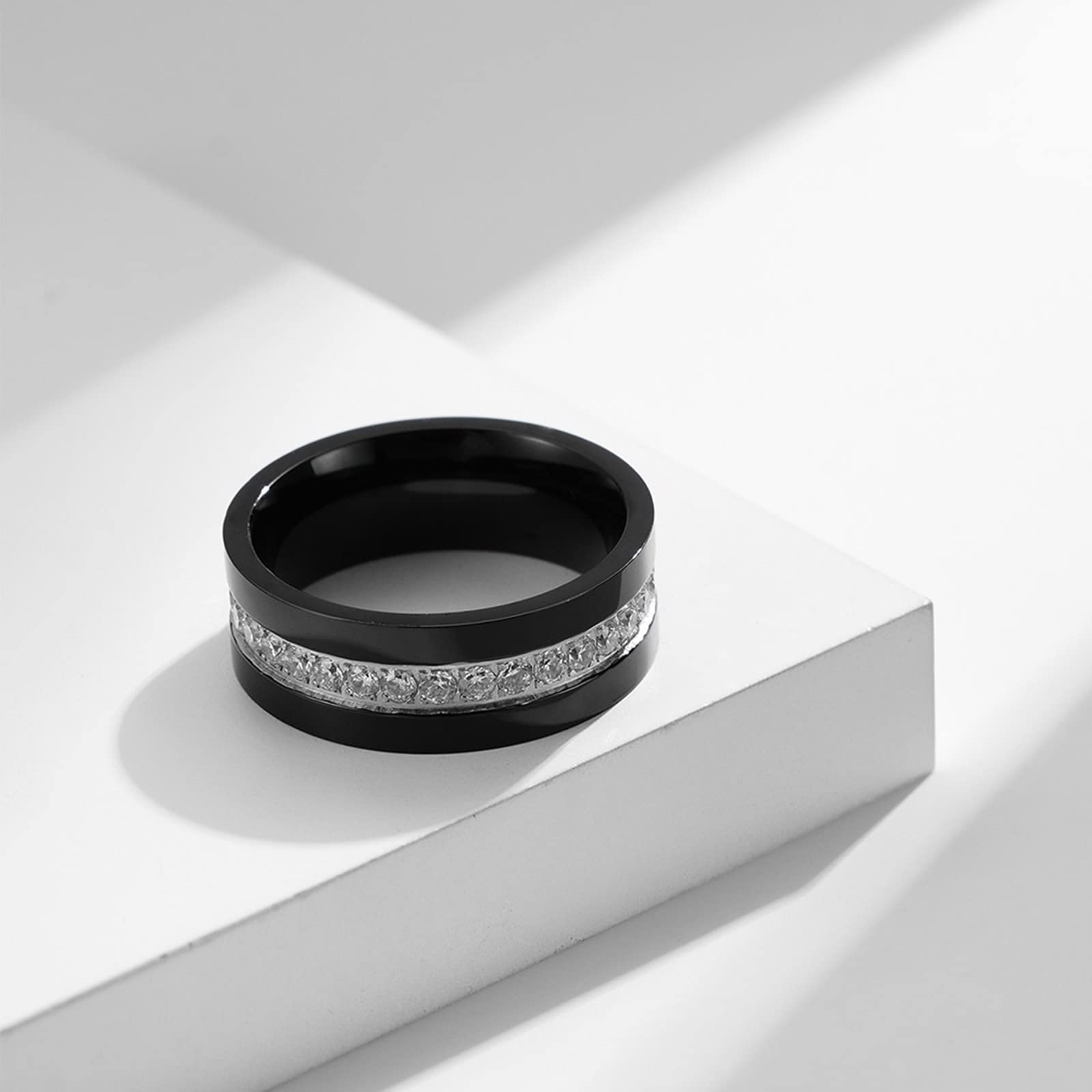 AmDxD Anillo de matrimonio para hombre y mujer, 8 mm, acero inoxidable, anillo de boda para mujer, negro con anillo de compromiso simple para hombre, circonitas, precio para 2, acero inoxidable,