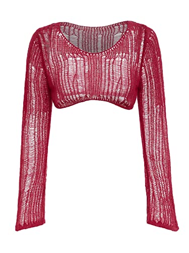Image of Verdusa Women's Hollow Out Sheer Long Sleeve Sweater Knit Crop Pullover Top