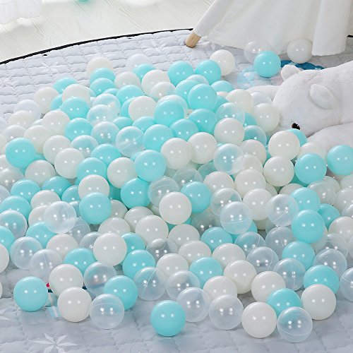 PlayMaty Colorful Pit Balls - 100Pcs Phthalate Free BPA Free Plastic Ocean Balls Crush Proof Stress Balls for Kids Playhouse Pool Ball Pit Accessories 2.2 Inches (Light Blue/Clear/Beige)