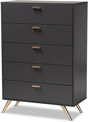 Baxton Studio Kelson - Cómoda moderna y contemporánea de madera con acabado dorado y gris oscuro