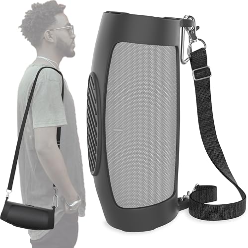 MyGadget Silikon Hülle kompatibel mit JBL Charge 5 - mit reißfesten Tragegurt [bis 120 cm lang ] - mit extra starken Karabiner - Schutzhülle in Schwarz
