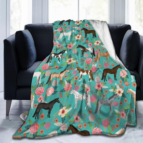 HYEPNED Bonita manta de poni y flores de dibujos animados de animales de granja suave y ligera de felpa para sofá, cama, TV, amante de los caballos, regalo para niñas y hombres, 100 x 130 cm