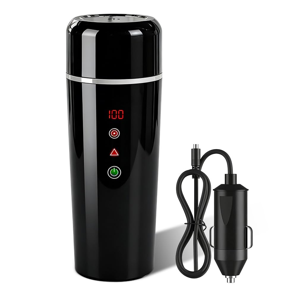 Wasserkocher für Auto, DC 12V/24V Reisewasserkocher Auto, 420ml Wasserkocher Auto Zigarettenanzünder mit LCD-Anzeige, Temperatureinstellung, Rührfunktion, 304 Edelstahl für LKW Reise Camping