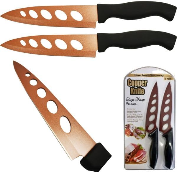 Sharp Forever - Cuchillo de cocina de acero inoxidable con agarre ergonómico y revestimiento de cobre para un corte sin esfuerzo (juego de 2)