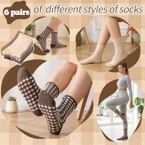 Image of 6 Pairs Women Ruffle Striped Frilly Socks, Cute Checkered Ankle Sock for Women Cotton Knit Casual Crew Socks