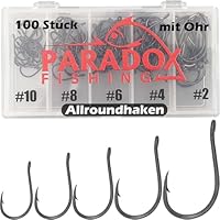 Paradox Fishing Allround-Angelhaken mit Öhr I 100 Stück #10/#8/#6/#4/#2 - je 20 Stück I Angelhaken Set für Karpfen, Forelle etc.