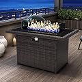KHOLH 44 Inch Propane Gas Fire Pits Table for Outside Patio, 60000 BTU Rectangular Outdoor Wicker Rattan Fire Pit with Glass Wind Guard