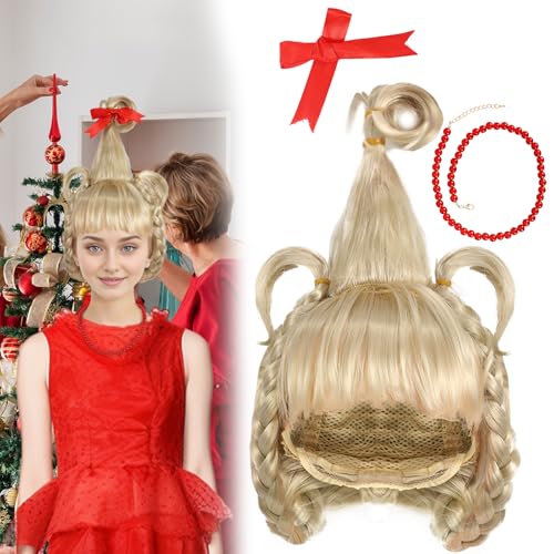 AiMiAO Women Christmas Blonde Wig with Red Bow Necklace Long Braided Wig Costume Halloween Cosplay Accessory